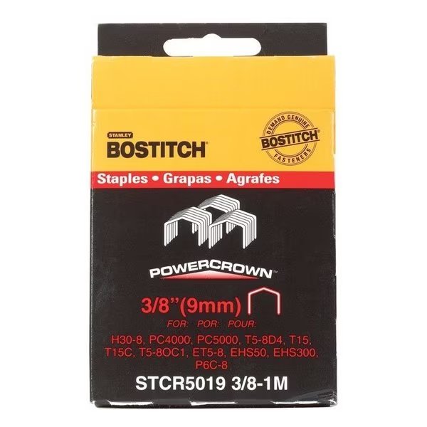 Heavy Duty Staples, 18 ga, Power Crown, 3/8 in Leg L, Steel, 1000 PK, Bostitch, Mfr#: STCR50193/8-1M